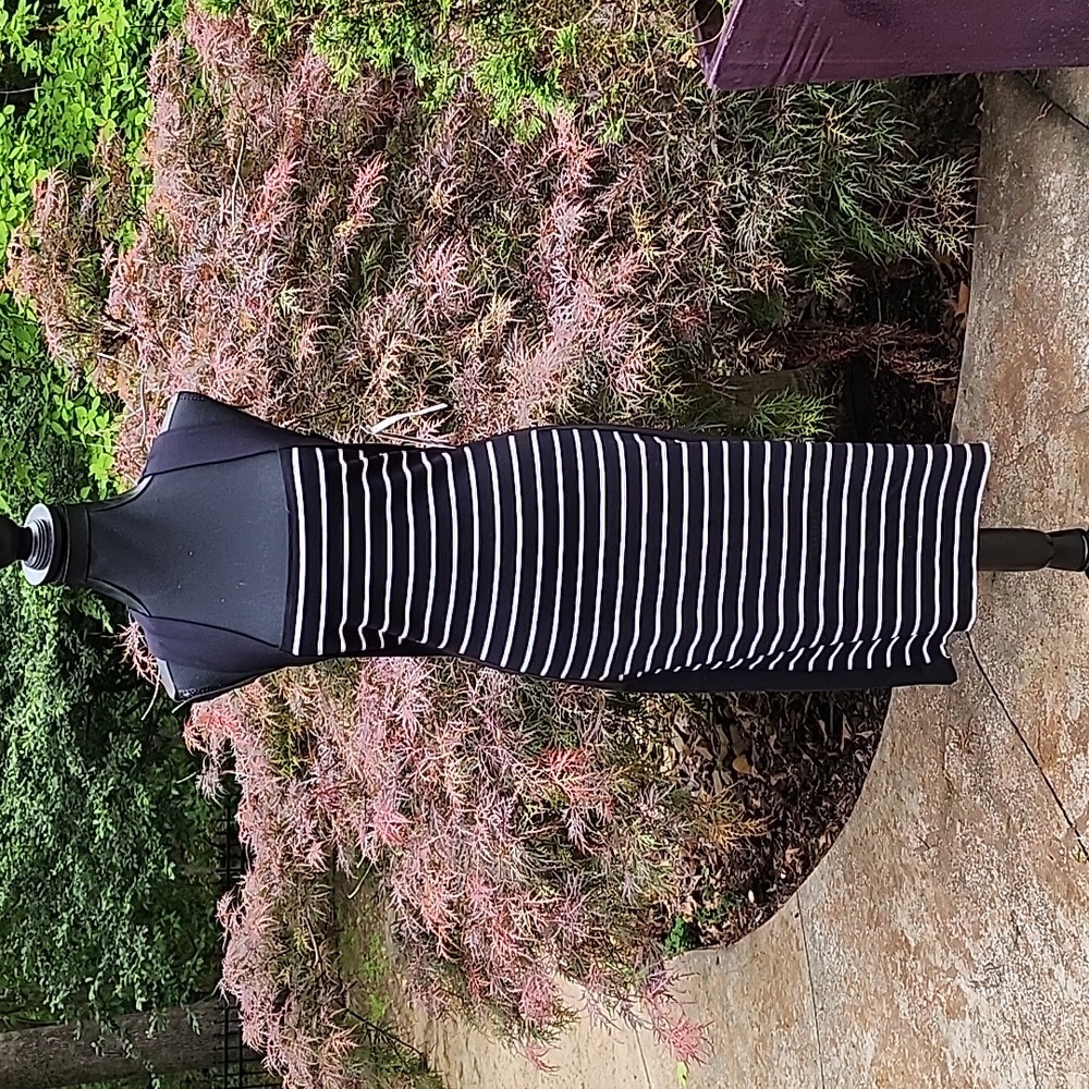 Bold Elements Black With White Stripes body con Midi  Dress XS